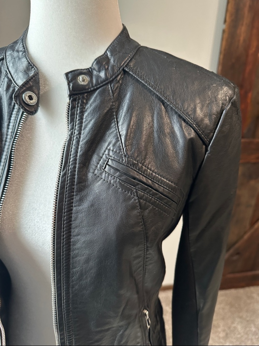 Express Black Leather Moto Jacket with Snap Collar SMALL - Picture 4 of 12